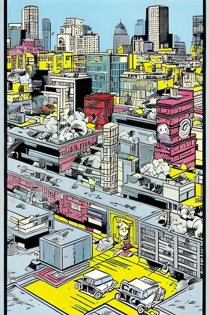 Ulice narysowane w stylu komiksowym z lat 80
