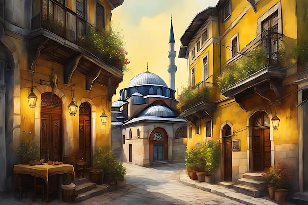 Ulice Stambułu Artystyczny projekt z okresu osmańskiego do druku. Jakość plakatu