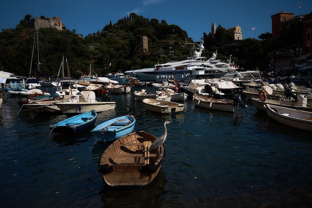 Ulice, zatoki i jachty na uroczym wybrzeżu Portofino w północnych Włoszech w letni dzień