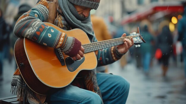 Uliczny muzyk grający emocjonalną melodię łączący się z przechodniami poprzez magię muzyki