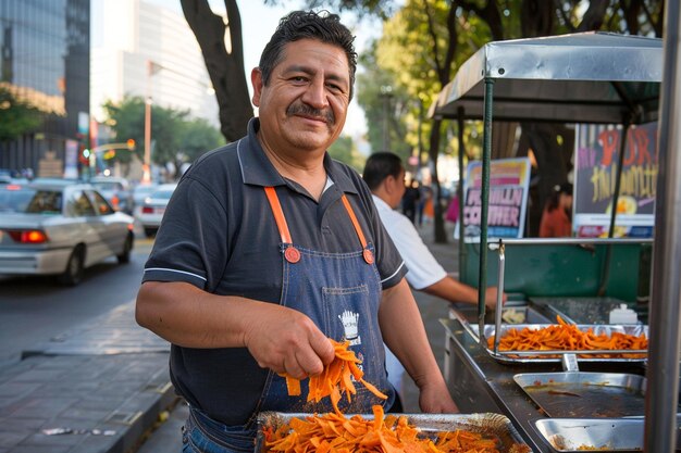 Uliczny sprzedawca jedzenia przygotowuje chilaquiles na ruchliwym miejskim chodniku