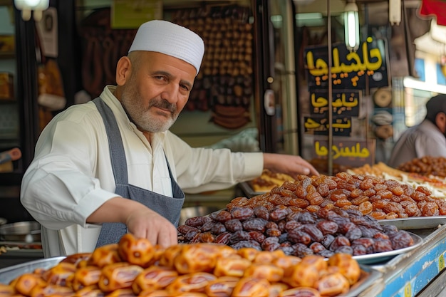 Uliczny sprzedawca sprzedający tradycyjne potrawy ramadanu, takie jak datle i Kunafa