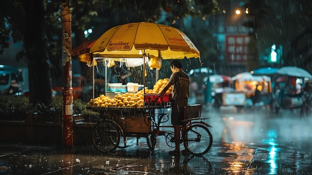 Uliczny sprzedawca sprzedaje pomarańcze ze swojego wozu w deszczową noc. Ma na sobie płaszcz przeciwdeszczowy i kapelusz, aby chronić się przed deszczem.