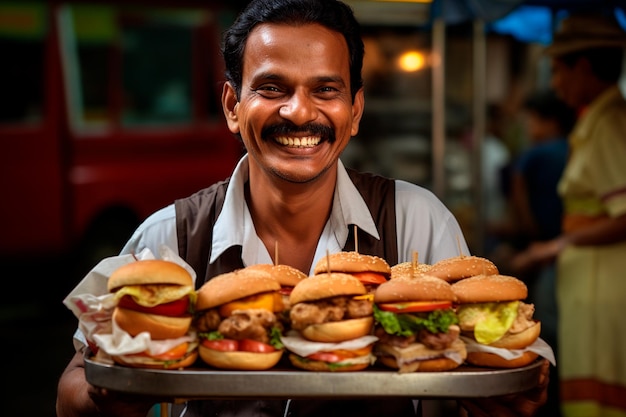 Uliczny uśmiechnięty sprzedawca z burgerem