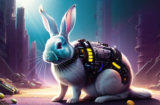 Ulotka robota Easter Rabbit w krajobrazie przyrody Nowoczesny projekt motywu wielkanocnego Happy Easter AI Generated