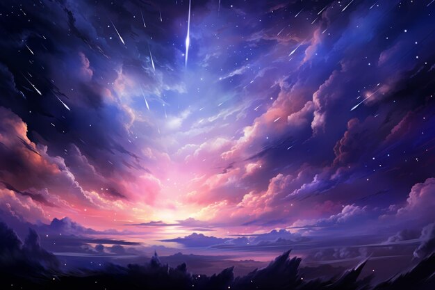 Ulotne deszcze gwiazd malują nocne niebo ulotnymi wybuchami kosmicznego piękna. Generacyjna sztuczna inteligencja
