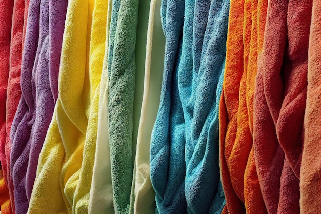 Ułóż czyste ręczniki kąpielowe w różnych kolorach dostarczone z pralni