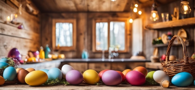 Ułożenie pastelowych jajek wielkanocnych na drewnianym stole w przytulnej, wiejskiej kuchni w kabinie