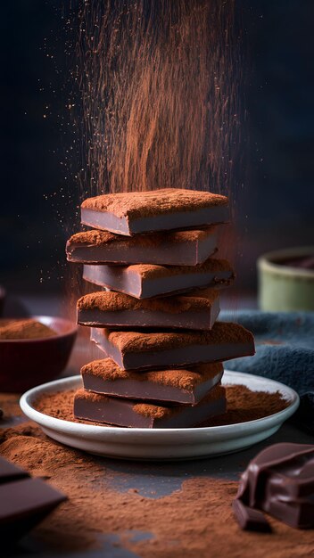 Ułożone kawałki ciemnej czekolady połączone z bogatym proszkiem kakaowym dekadentna przyjemność Vertical Mobile Wallpa