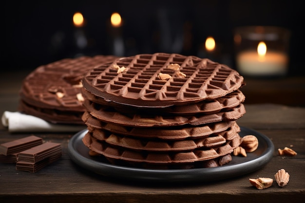 Ułożone pyszne czekoladowe wafle w dużej ilości dwa różne smaki klasycznych małych wafli