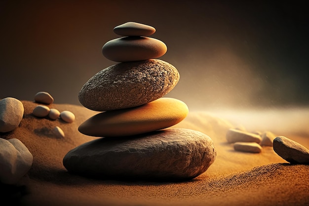 Ułożone zen kamienie piasek tło sztuka koncepcji równowagi. Wygenerowane przez sztuczną inteligencję