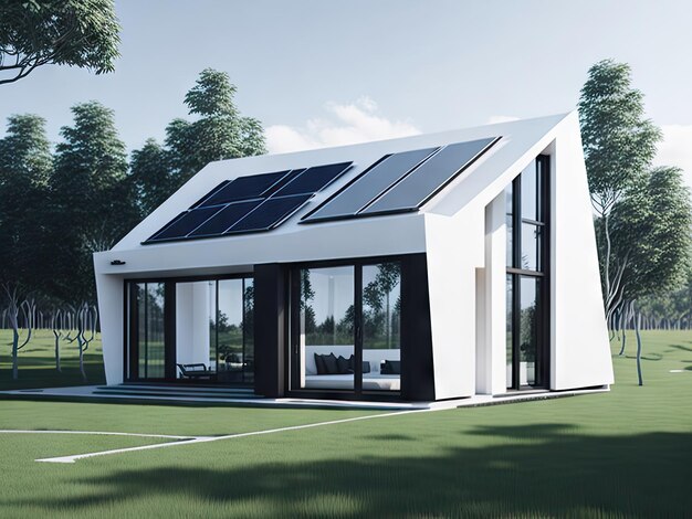 Ultra nowoczesny minimalistyczny stylowy dom na zewnątrz z panelami słonecznymi ai generatywny