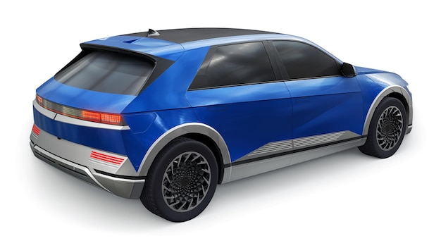 Ultra progresywny elektryczny SUV w wersji hatchback dla ludzi, którzy kochają technologię Niebieski samochód na białym tle ilustracji 3d