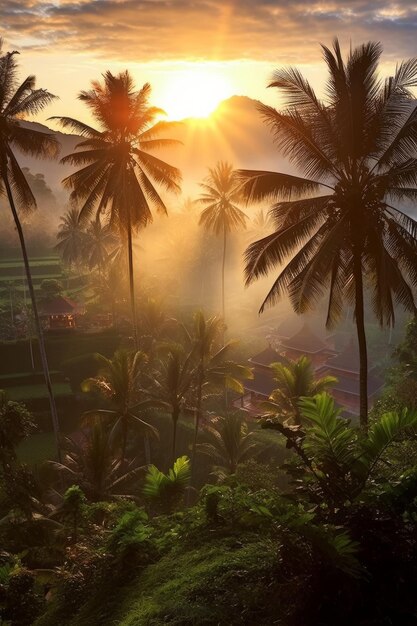 Ultra realistyczna mgła pokryta dżunglą z palmami