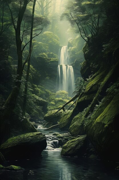Ultra realistyczny obraz wodospadu w zielonym lesie