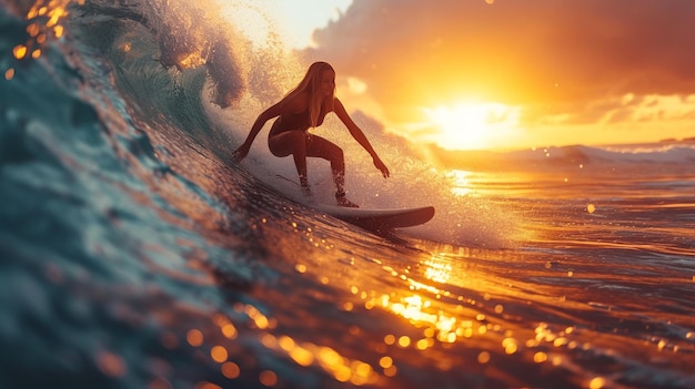 Ultra szczegółowe zdjęcie osoby na desce surfingowej w zachodnim zachodzie słońca w tle