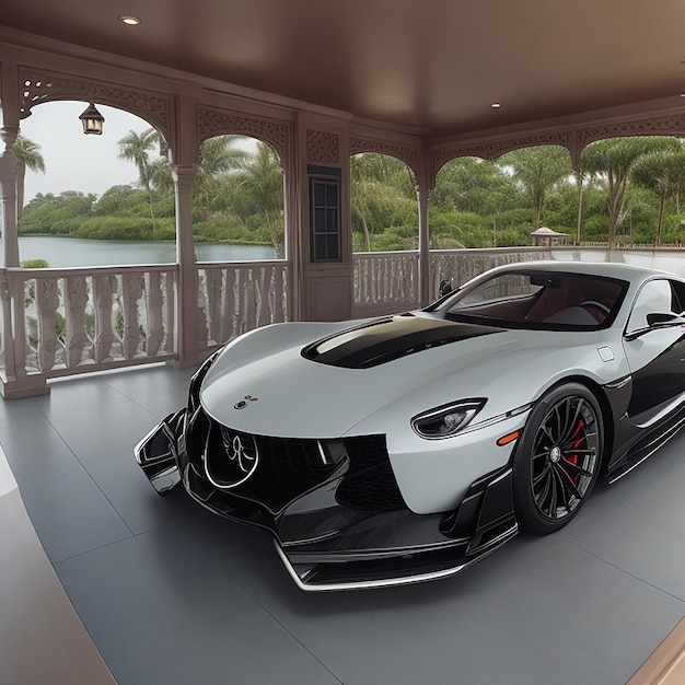 Ultra szeroki obiektyw zdjęcie luksusowego samochodu na ganku bungalow generowane przez AI