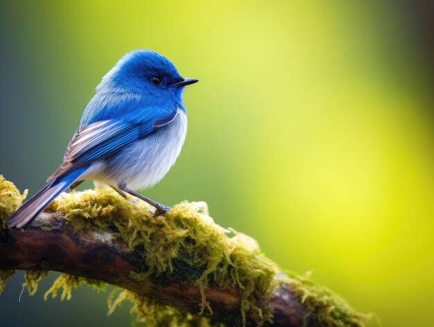 Ultramarine Flycatcher siedzący na gałęzi na zielonym tle