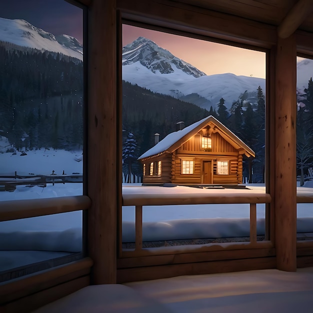 ultrarealistyczna kabina z ciepłym światłem w środku na pokrytej śniegiem górze w nocy generowana przez AI