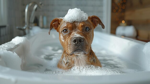 Ulubiony pies kąpa się w wannie Opieka nad psem w domu kąpanie psa
