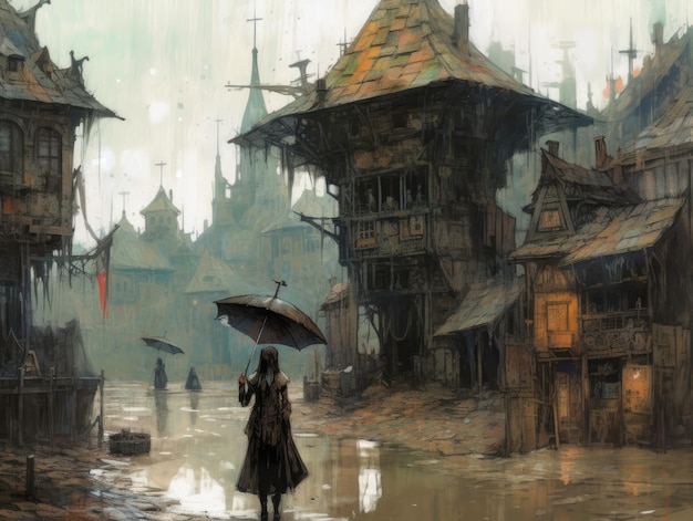 umbrella art cityspace steampunk ghostpunk dieselpunk fantasy ilustracja plakat książka projektowania gry