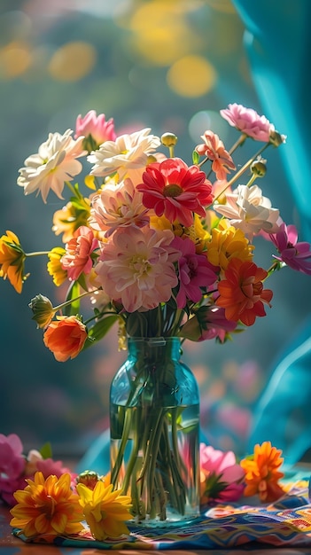 Umiejętna aranżacja kolorowych kwiatów w wazonie na stole