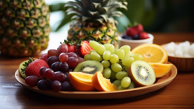 Zdjęcie umiejętnie ułożony talerz owocowy z winogronami