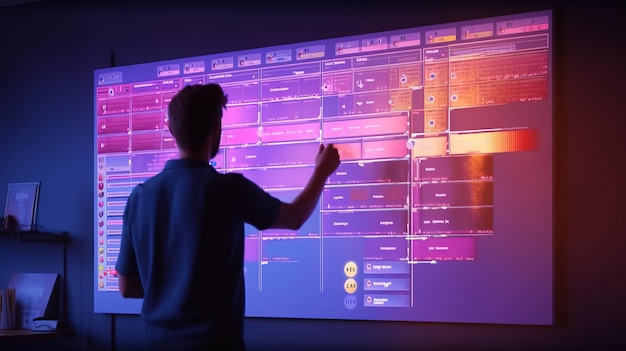 Umiejętności zarządzania piórem i komputerowym interfejsem użytkownika kierownika projektu z ikonami do planowania zadań i wyników Futurystyczne innowacyjne technologie Generacyjna sztuczna inteligencja