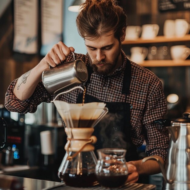 Umiejętny barista parzący kawę