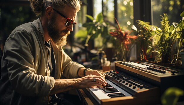 Zdjęcie umiejętny muzyk grający na pianinie skupiony i zrelaksowany generowany przez sztuczną inteligencję