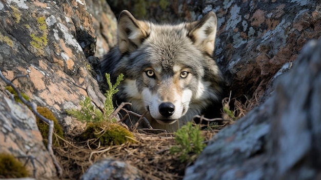Umiejętny wilk wykazuje zdolność do płynnej integracji ze swoim środowiskiem. futro wilka odzwierciedla kolory i teksturę szorstkich skał, czyniąc go prawie niewidzialnym dla zwykłego obserwatora.