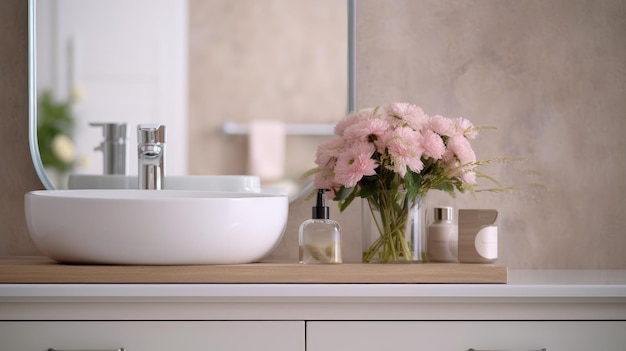Umywalka w łazience z różowymi kwiatami w wazonie.
