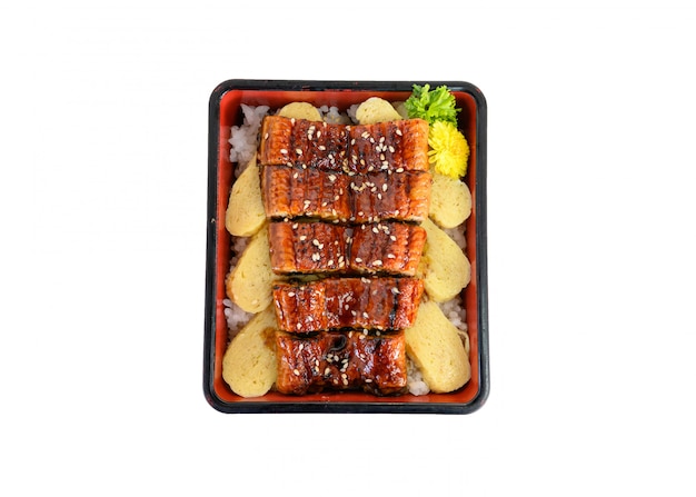 Unagi don lub japoński ell grillowany z sosem kabayaki i tamago w bento