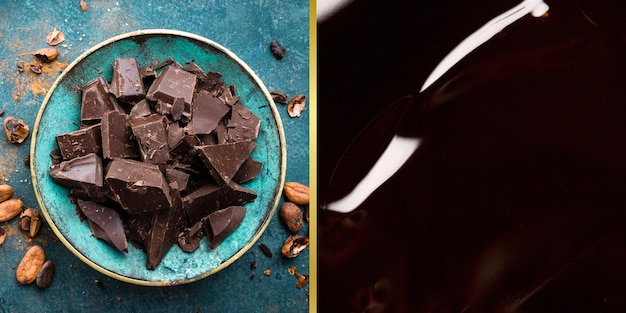 uncje zdrowej czekolady z czystym kakao na niebieskiej talerzu z drewnianą łyżką z