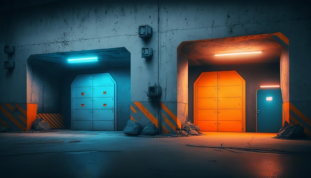 Underground Neon Pomarańczowy Niebieski Sci Fi Futurystyczny Kamień Ściana Betonowa piwnica Parking Generative ai
