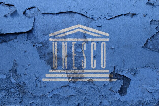 Unesco Flaga Malująca Na Grunge Pękającej ścianie