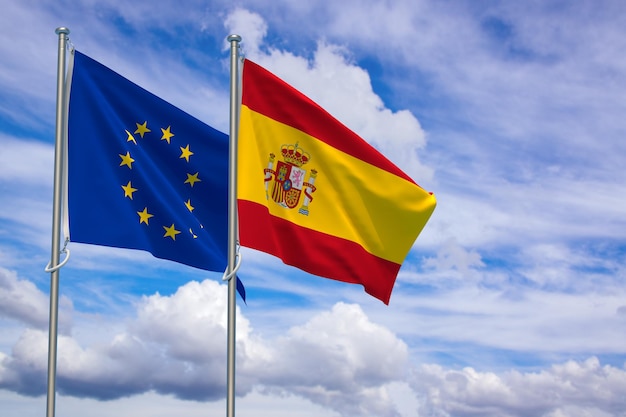 Unia Europejska i Królestwo Hiszpanii flagi na tle błękitnego nieba ilustracja 3d