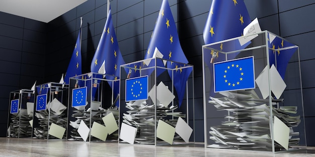 Zdjęcie unia europejska kilka urn wyborczych i flag głosowania koncepcja wyborów ilustracja 3d