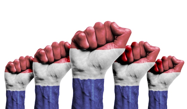 Uniesiona pięść protestujących z namalowaną flagą Holandii