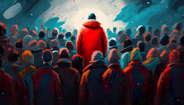 Unikalna i surrealistyczna koncepcja wolności czerwony człowiek wśród szarego tłumu Kreatywna ilustracja Ai Generuj