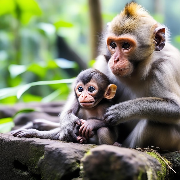 Zdjęcie unikalna nowo narodzona małpa w balis monkey forest