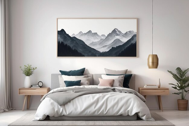 Unikalna sztuka na ścianie w współczesnej sypialni z białymi przestrzeniami