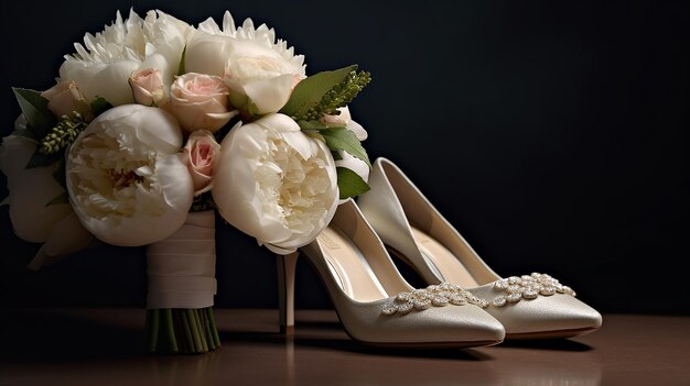 unikalne zdjęcie 3D z bukietem ślubnym i butami panny młodej z prostym tłem