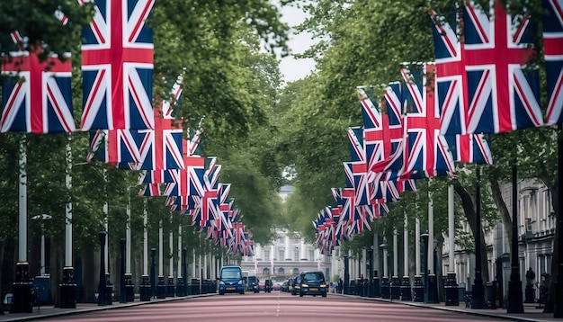 Zdjęcie union jack flags line centrum handlowe ai w centrum londynu