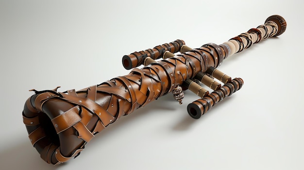 Zdjęcie unique handmade wind musical instrument made of leather and wood decorated with metal elements