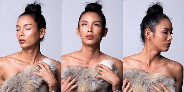 Unisex Transpłciowy Model Moda Młoda Azjatycka Kobieta Cienkie Czarne Włosy Piękny Makijaż Moda Utrzymywała Fox Trail Jako Zimną Pogodę. Oświetlenie Studyjne Białe Tło, Pakiet Kolażu Grupowego
