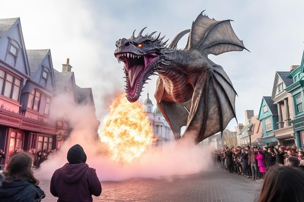 Zdjęcie universal studios harry potter land diagon ally smok oddychający ogniem łańcuchy panorama bellatrix