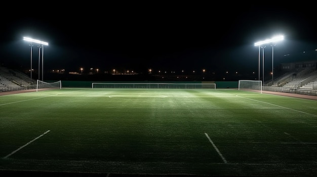 Uniwersalny stadion trawiasty oświetlony reflektorami i pustym zielonym placem zabaw generatywnym ai