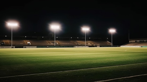 Uniwersalny stadion trawiasty oświetlony reflektorami i pustym zielonym placem zabaw generatywnym ai