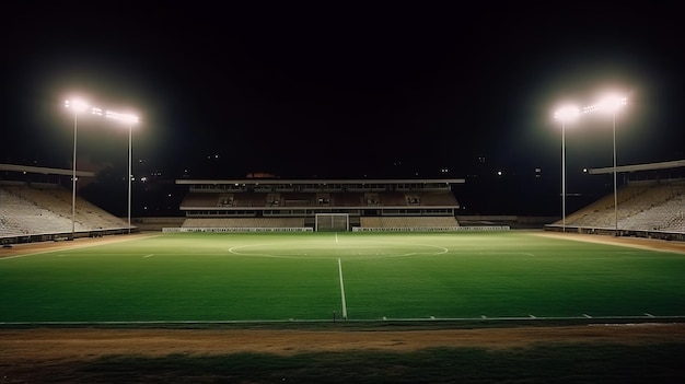 Uniwersalny stadion trawiasty oświetlony reflektorami i pustym zielonym placem zabaw generatywnym ai